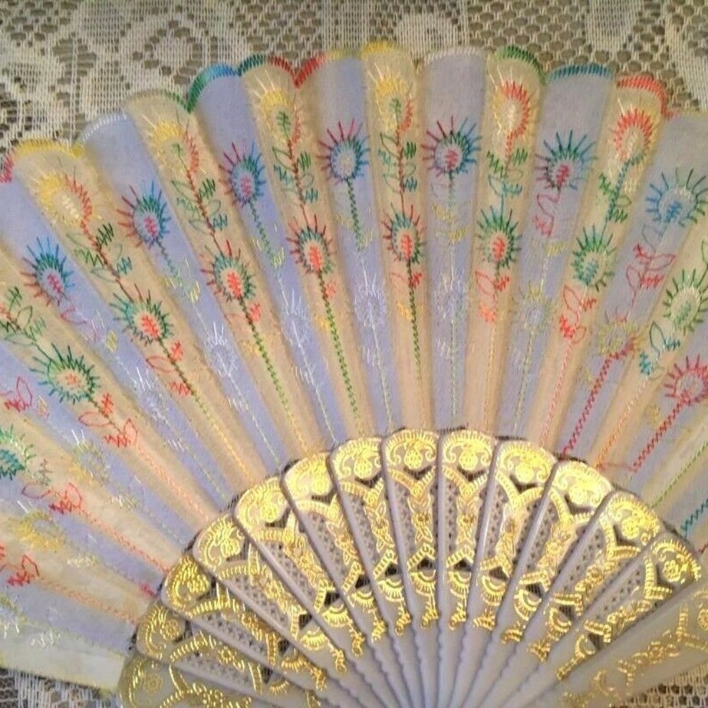 Pretty Vintage Hand Fan Delicate Colorful Design